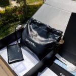 Chanel 22 Handbag in Black Leather with White Lettering (Medium) 39x42x8cm