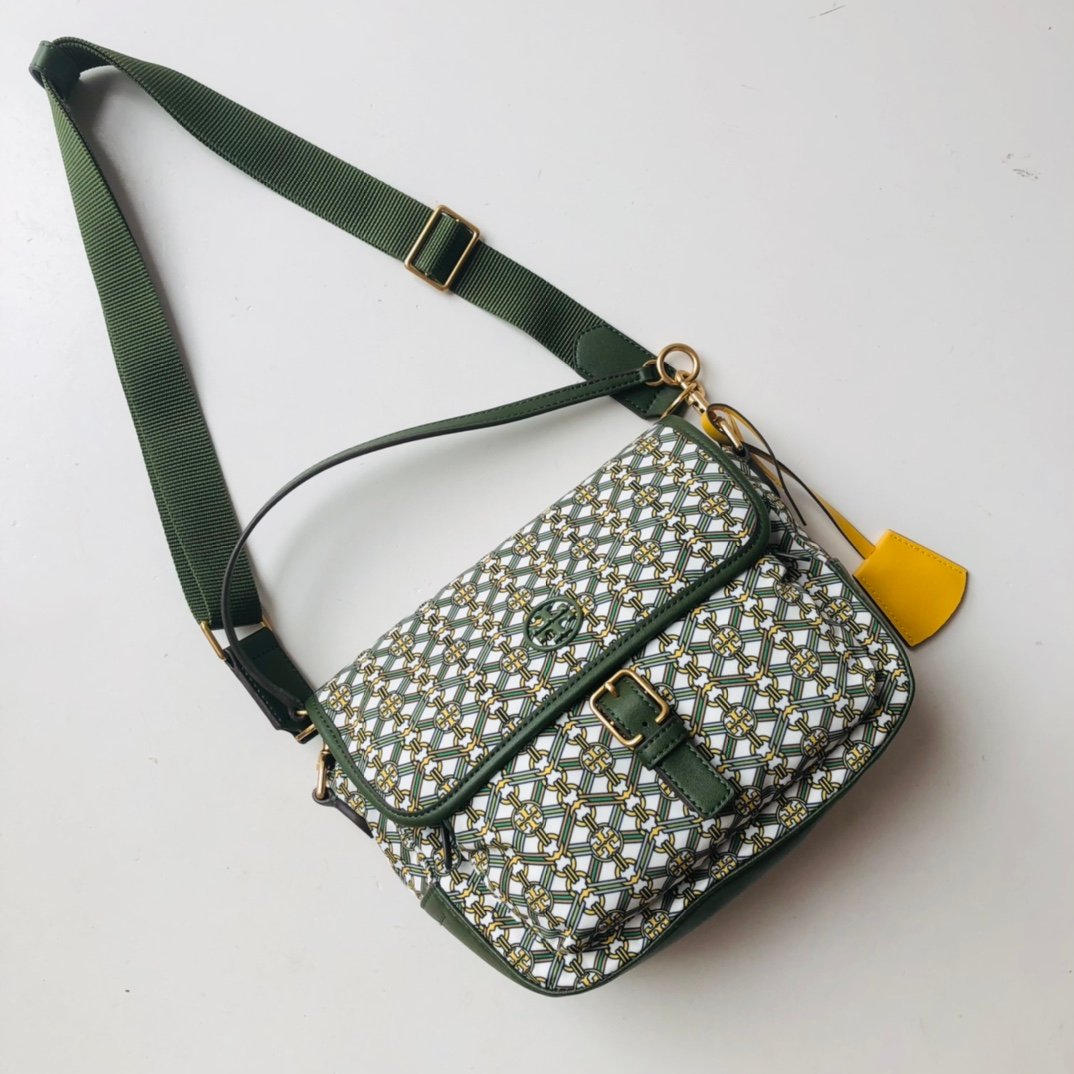 Tory Burch Geometric Link Printed Nylon Flap Crossbody Bag 22cm Green/Pink 1