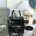 Balenciaga Hourglass "Original Factory" Crocodile Pattern Handbag Black