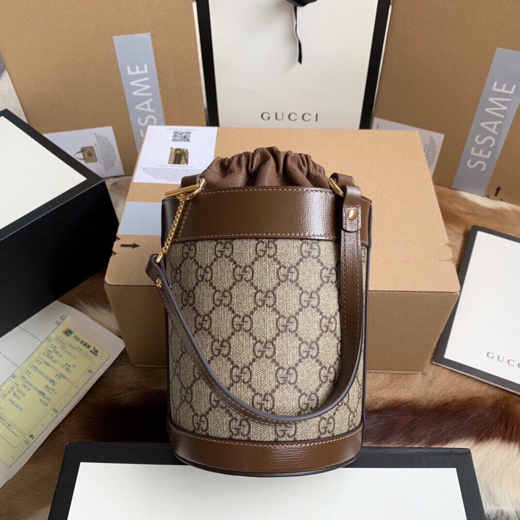 Gucci Horsebit 1995 Mini Bucket Bag 14cm GG Supreme Canvas with Brown Leather Trim 2