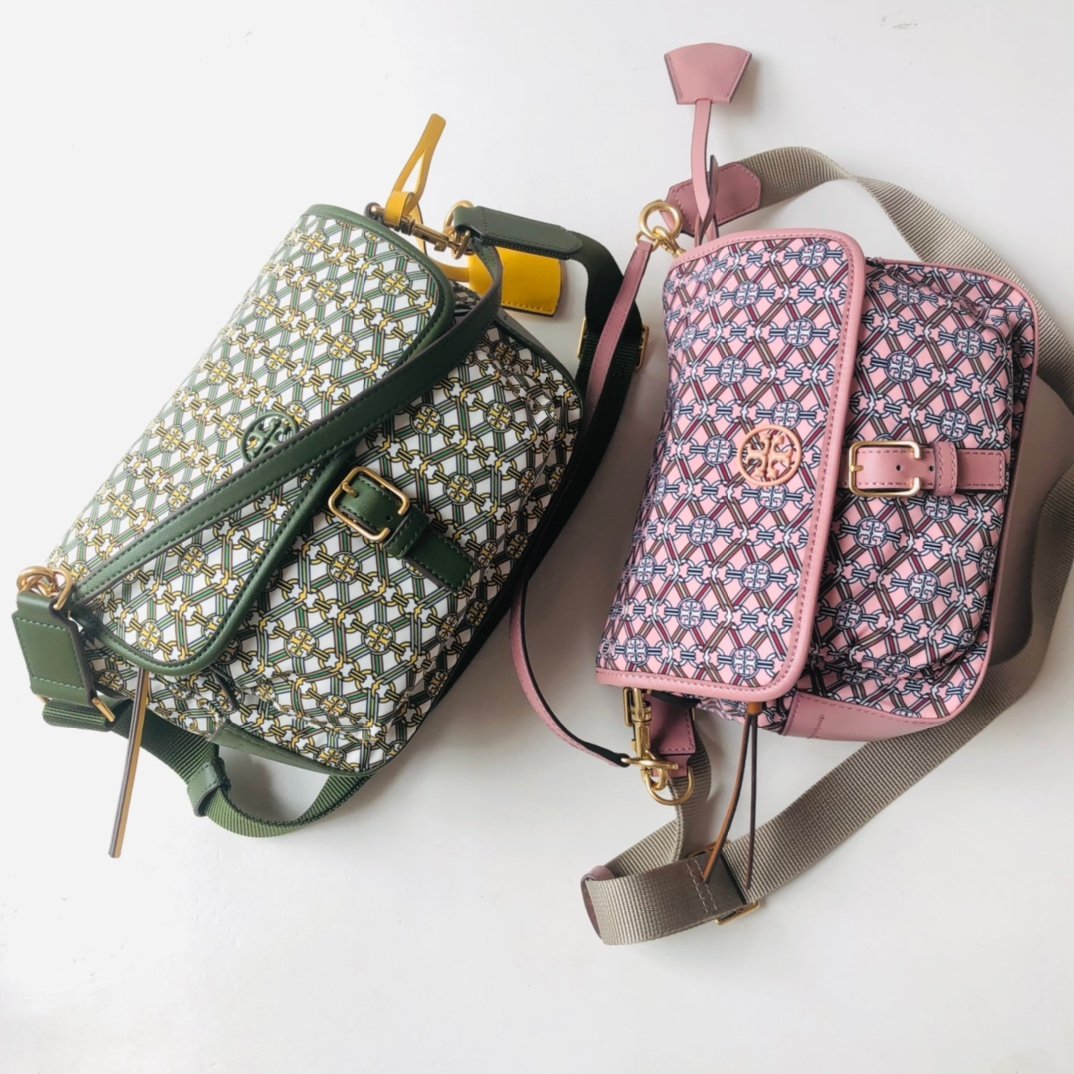 Tory Burch Geometric Link Printed Nylon Flap Crossbody Bag 22cm Green/Pink 20