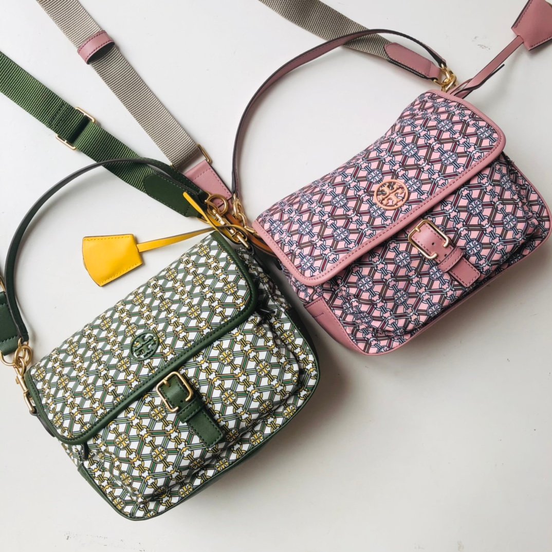 Tory Burch Geometric Link Printed Nylon Flap Crossbody Bag 22cm Green/Pink 21