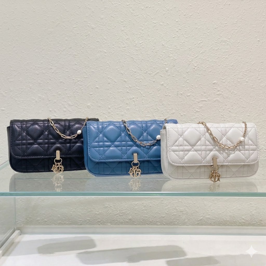 Dior Lady Dior Pouch 19cm Cannage Calfskin with Pearl Detail Chain 28