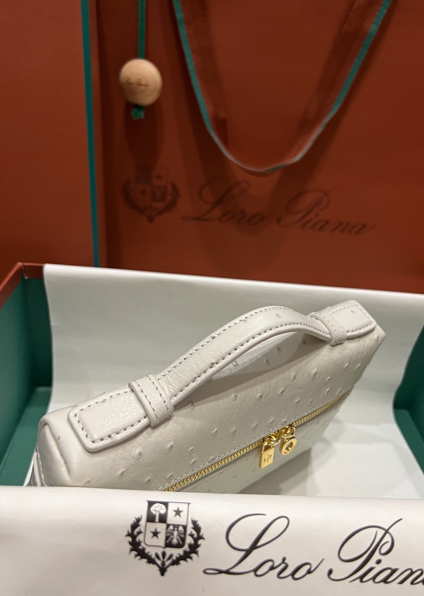 Loro Piana Extra Pocket L19 Ostrich Leather Pouch White 4