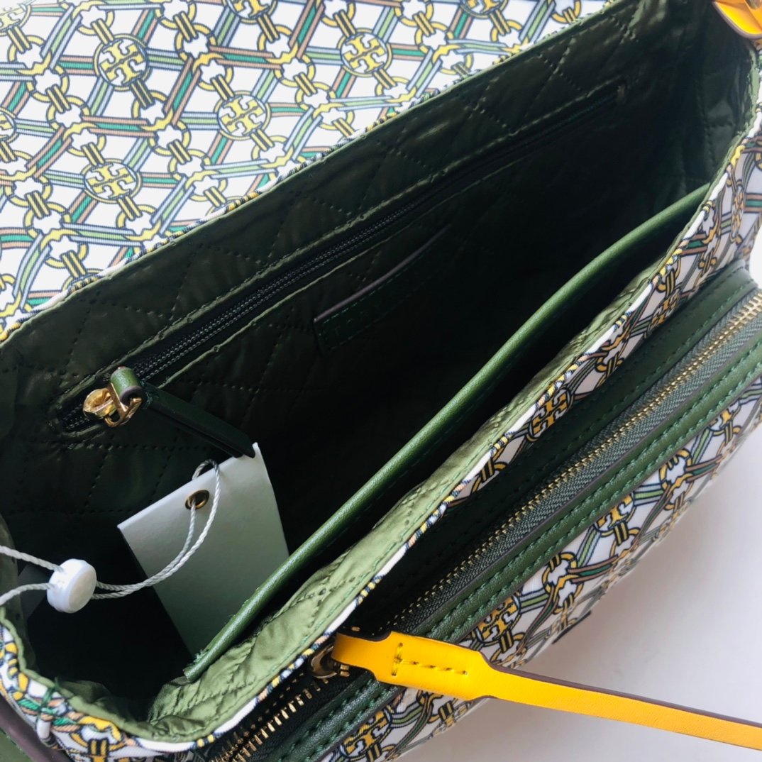 Tory Burch Geometric Link Printed Nylon Flap Crossbody Bag 22cm Green/Pink 8