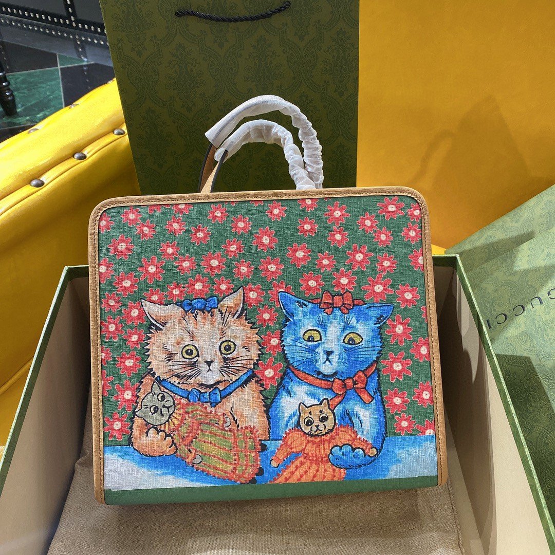Gucci Children’s Cat Tote Bag 28cm Louis Wain Inspired Floral Supreme Canvas with Brown Trim 1