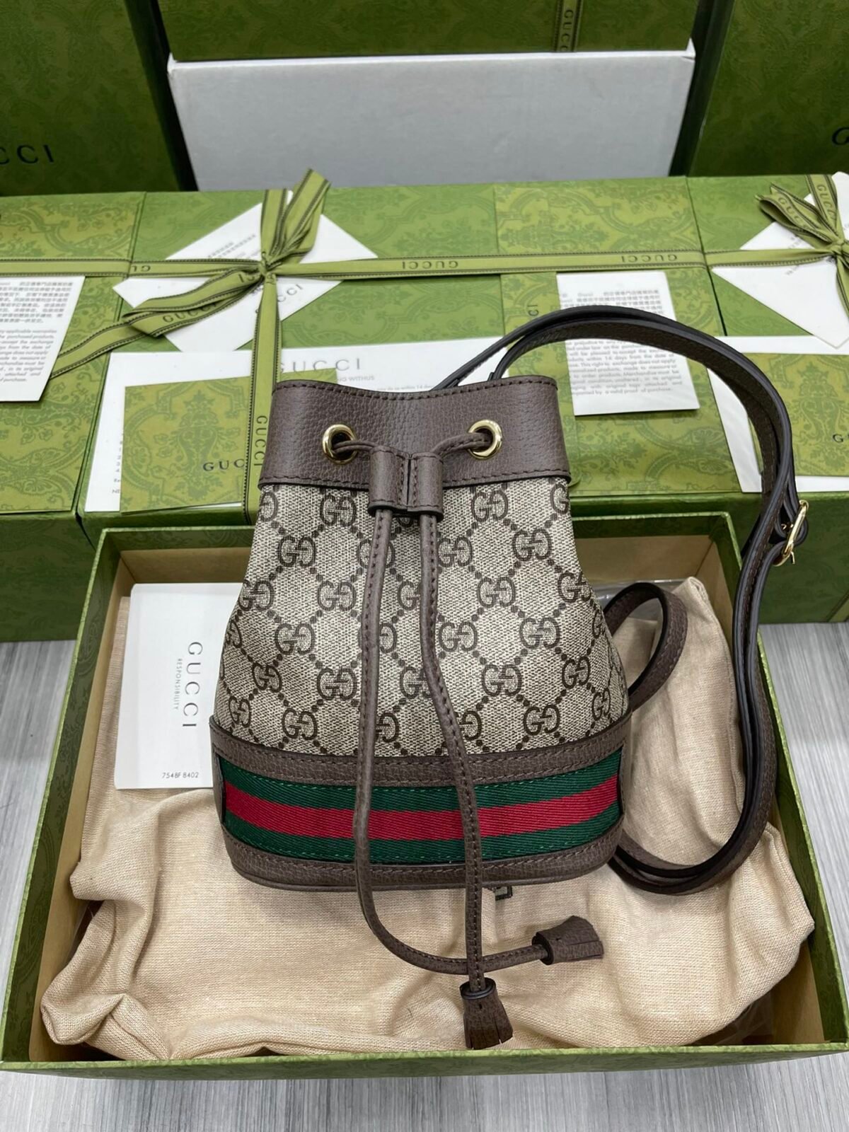 Gucci Ophidia Mini Bucket Bag GG Supreme Canvas with Signature Web Stripe 1