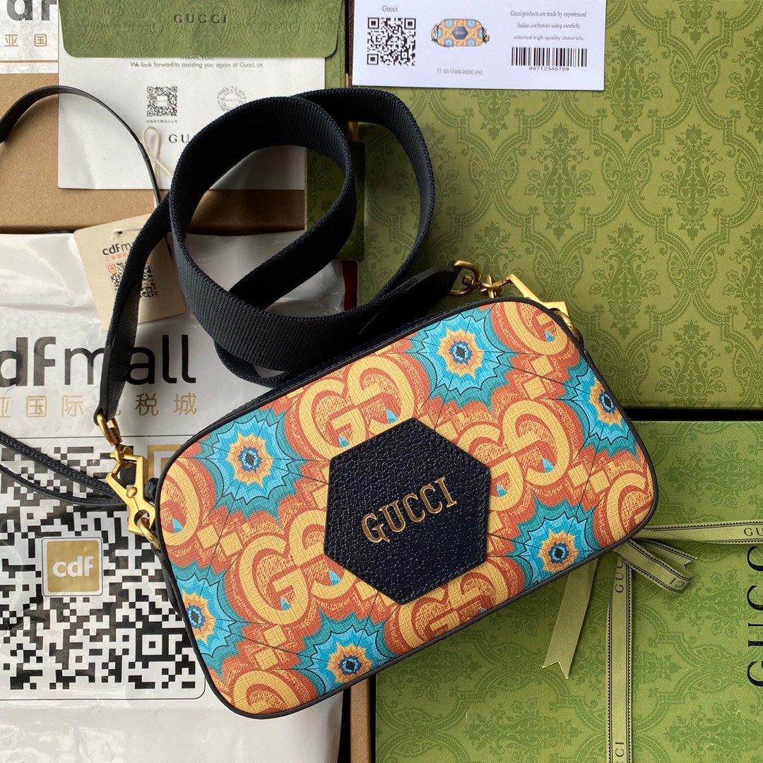 Gucci 100th Anniversary Kaleidoscope Print Messenger Bag Dark Blue Leather Trim 1