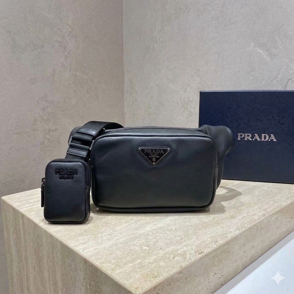 Prada Soft Leather Crossbody Messenger Bag with Detachable Pouch 22cm Modern Black 10