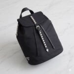 Prada Tessuto Nylon Studded Backpack 26x36x15cm Edgy Black Rucksack with Leather Trim