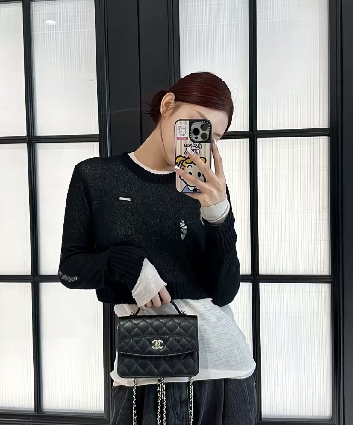 CHANEL White/Black Grained Calfskin Top Handle Mini Flap Bag 18cm with 14K Pale Gold Hardware 10