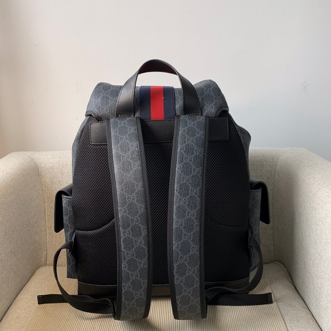 Gucci GG Supreme Canvas Flap Backpack 32.5x42x15.5cm Premium Leather Trim with Signature Web Detail & Side Pockets 11