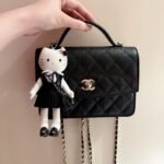 CHANEL White/Black Grained Calfskin Top Handle Mini Flap Bag 18cm with 14K Pale Gold Hardware 14