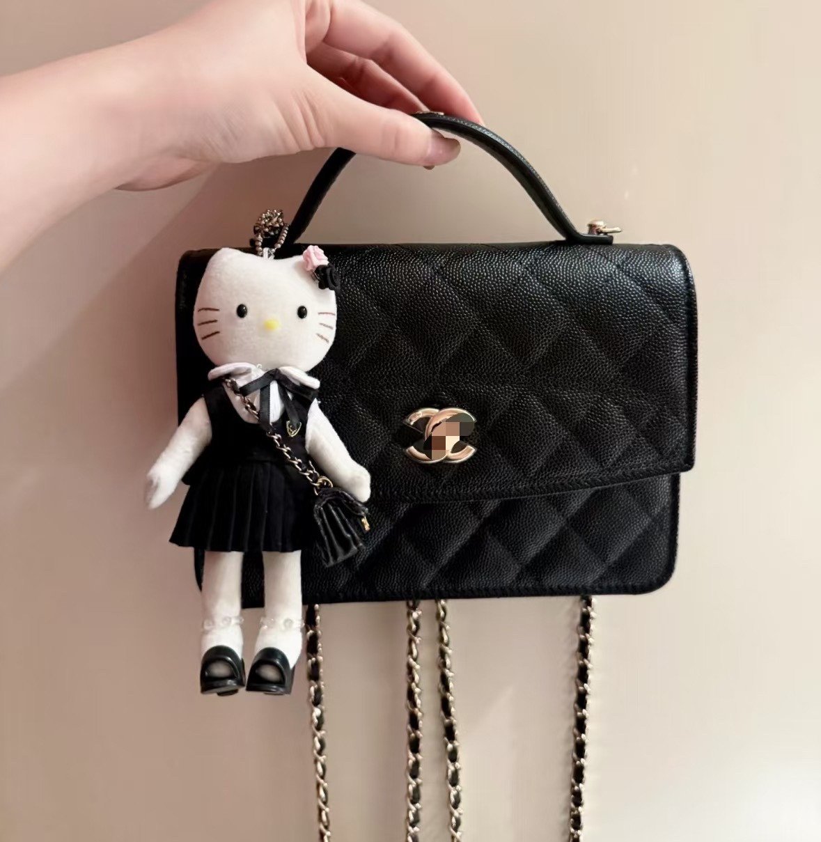 CHANEL White/Black Grained Calfskin Top Handle Mini Flap Bag 18cm with 14K Pale Gold Hardware 14