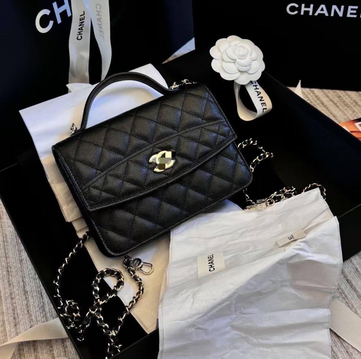 CHANEL White/Black Grained Calfskin Top Handle Mini Flap Bag 18cm with 14K Pale Gold Hardware 15