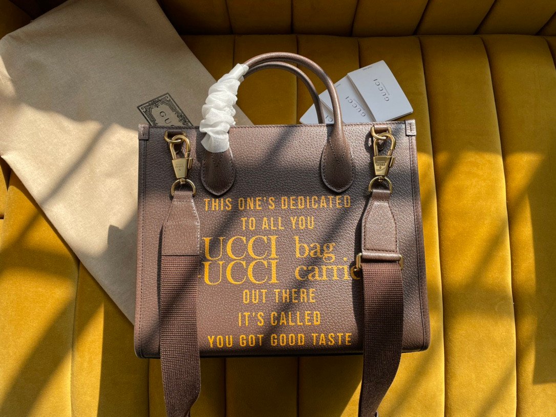 Gucci 100 Centennial Medium Tote Bag 31cm Brown Leather with Logo & Quote Print 2
