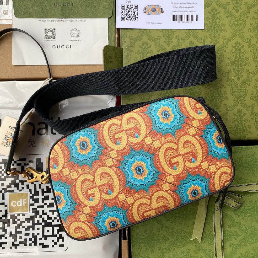 Gucci 100th Anniversary Kaleidoscope Print Messenger Bag Dark Blue Leather Trim 2