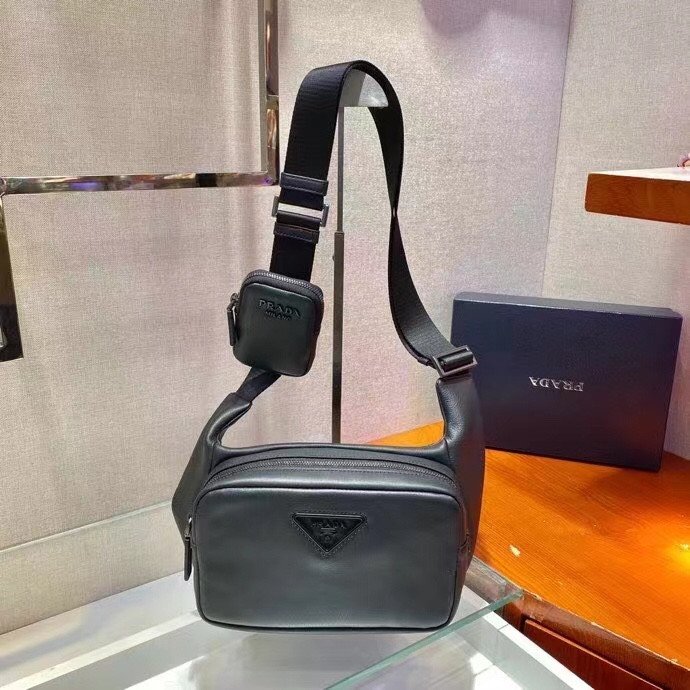 Prada Soft Leather Crossbody Messenger Bag with Detachable Pouch 22cm Modern Black 2