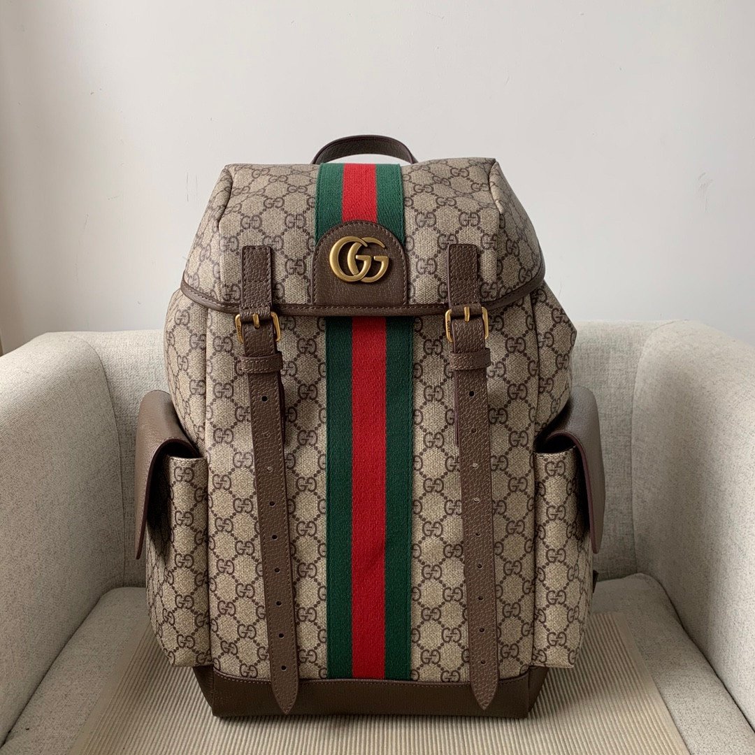 Gucci GG Supreme Canvas Flap Backpack 32.5x42x15.5cm Premium Leather Trim with Signature Web Detail & Side Pockets 2