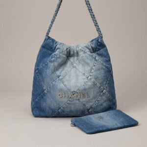 Chanel 22 Small Hobo Bag in Quilted Washed Denim with Silver-Tone Hardware & Pouch 35cm