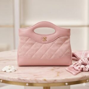 Chanel Premium Pink Quilted Suede and Smooth Leather Top Handle Crossbody Bag 20cm with Gold Chain