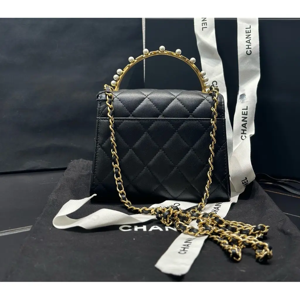 Chanel Black Quilted Lambskin Mini Flap Bag 15cm with Pearl Handle & Vintage Hardware 25