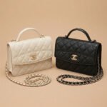 CHANEL White/Black Grained Calfskin Top Handle Mini Flap Bag 18cm with 14K Pale Gold Hardware 27