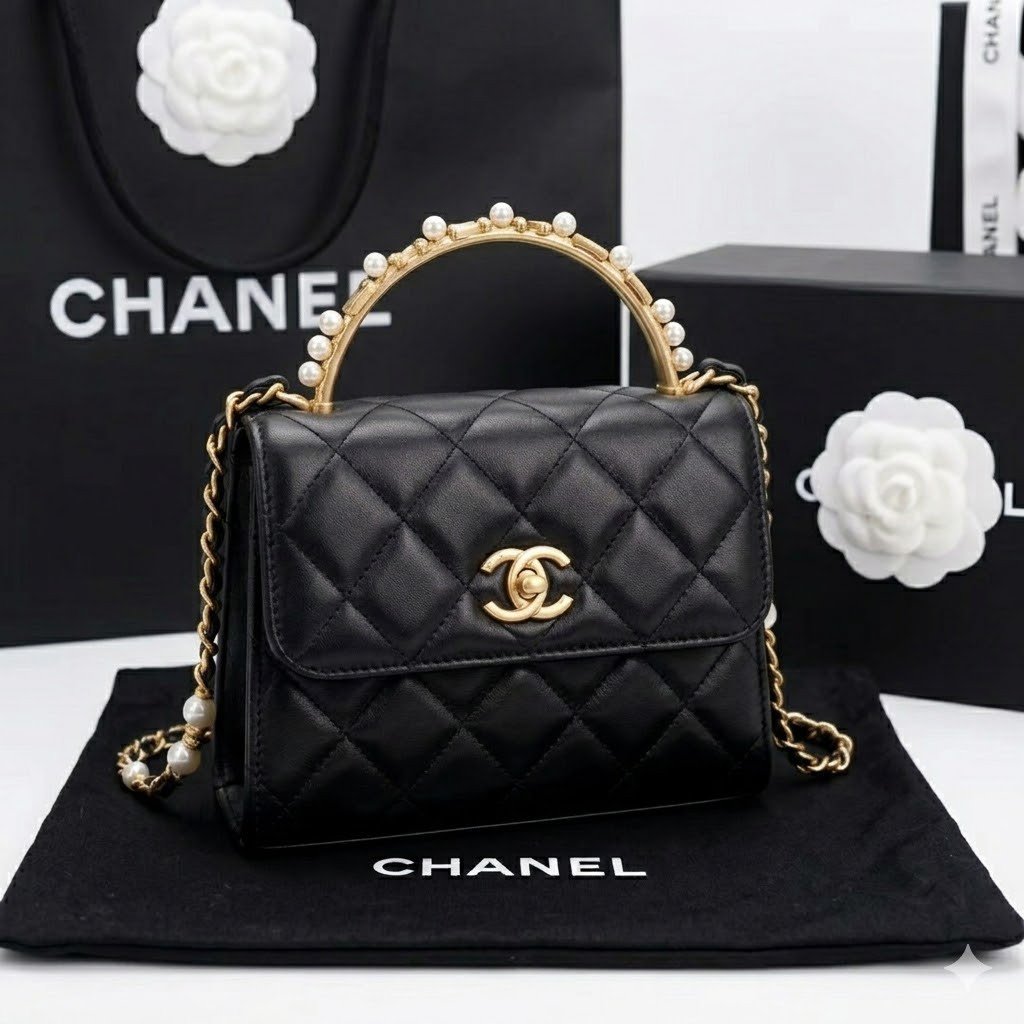Chanel Black Quilted Lambskin Mini Flap Bag 15cm with Pearl Handle & Vintage Hardware 30