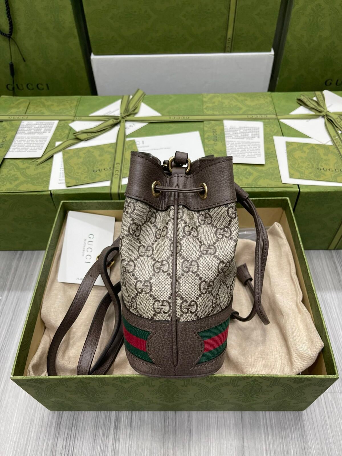 Gucci Ophidia Mini Bucket Bag GG Supreme Canvas with Signature Web Stripe 4