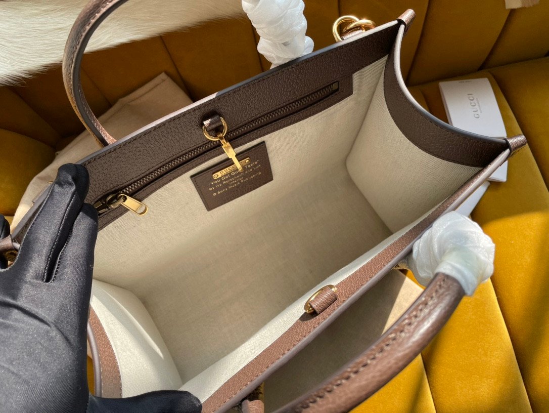 Gucci 100 Centennial Medium Tote Bag 31cm Brown Leather with Logo & Quote Print 7