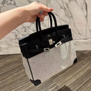 Hermès Birkin 25 Noir Toile Officier & Swift Leather Handbag 25cm with Palladium Hardware