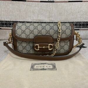 Gucci Horsebit 1955 Small Shoulder Bag GG Supreme Canvas with Premium Brown Leather Trim and Gold-Toned Hardware