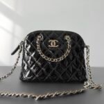 CHANEL 23S Rare Quilted Patent Leather Small Dome Shell Bag 16cm Timeless Black Gold 1