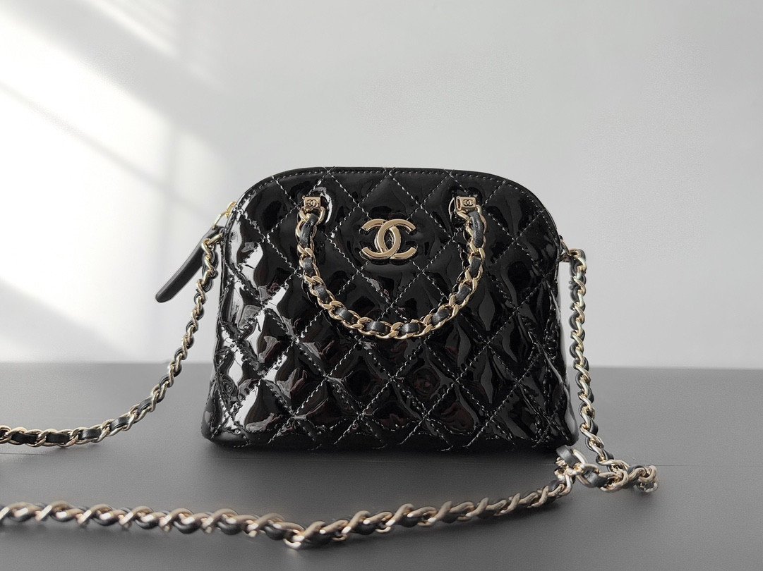 CHANEL 23S Rare Quilted Patent Leather Small Dome Shell Bag 16cm Timeless Black Gold 1