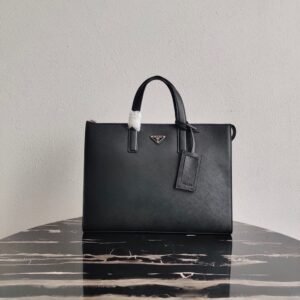 Prada Men’s Saffiano Leather Briefcase Minimalist Black Business Tote Bag with Enameled Triangle Logo