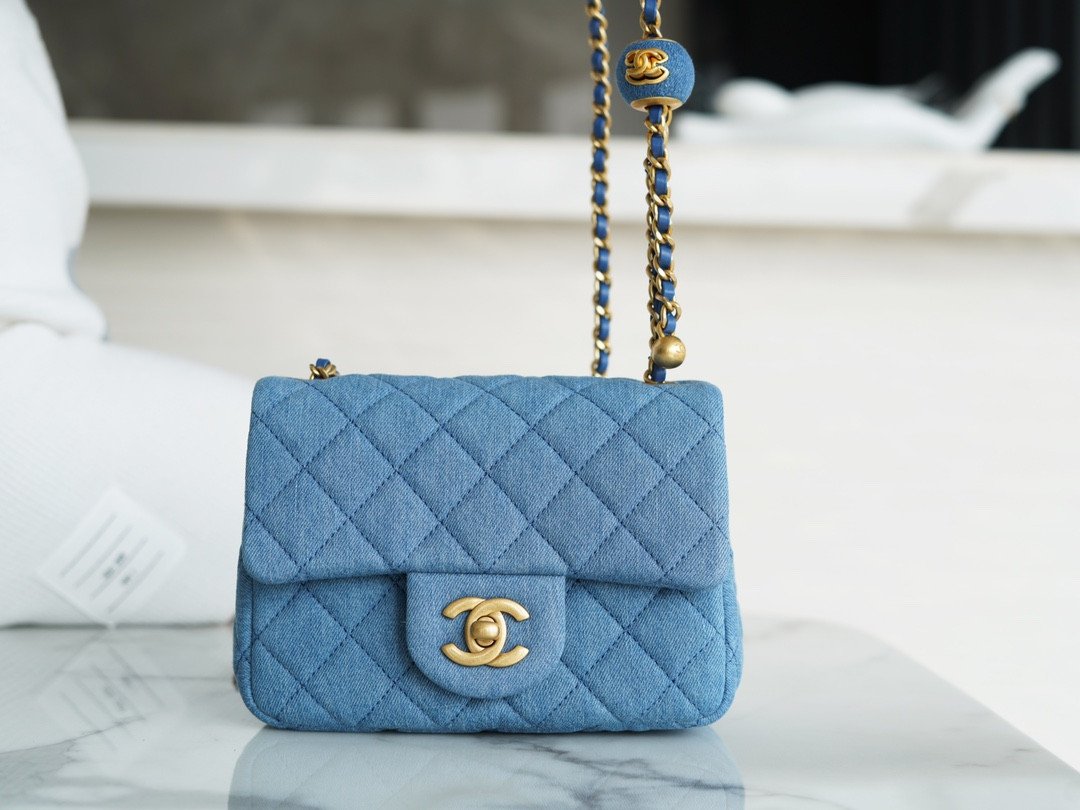 CHANEL 22C Quilted Denim Classic Flap Bag with Universal Adjustable Gold Ball Two Compact Sizes 11
