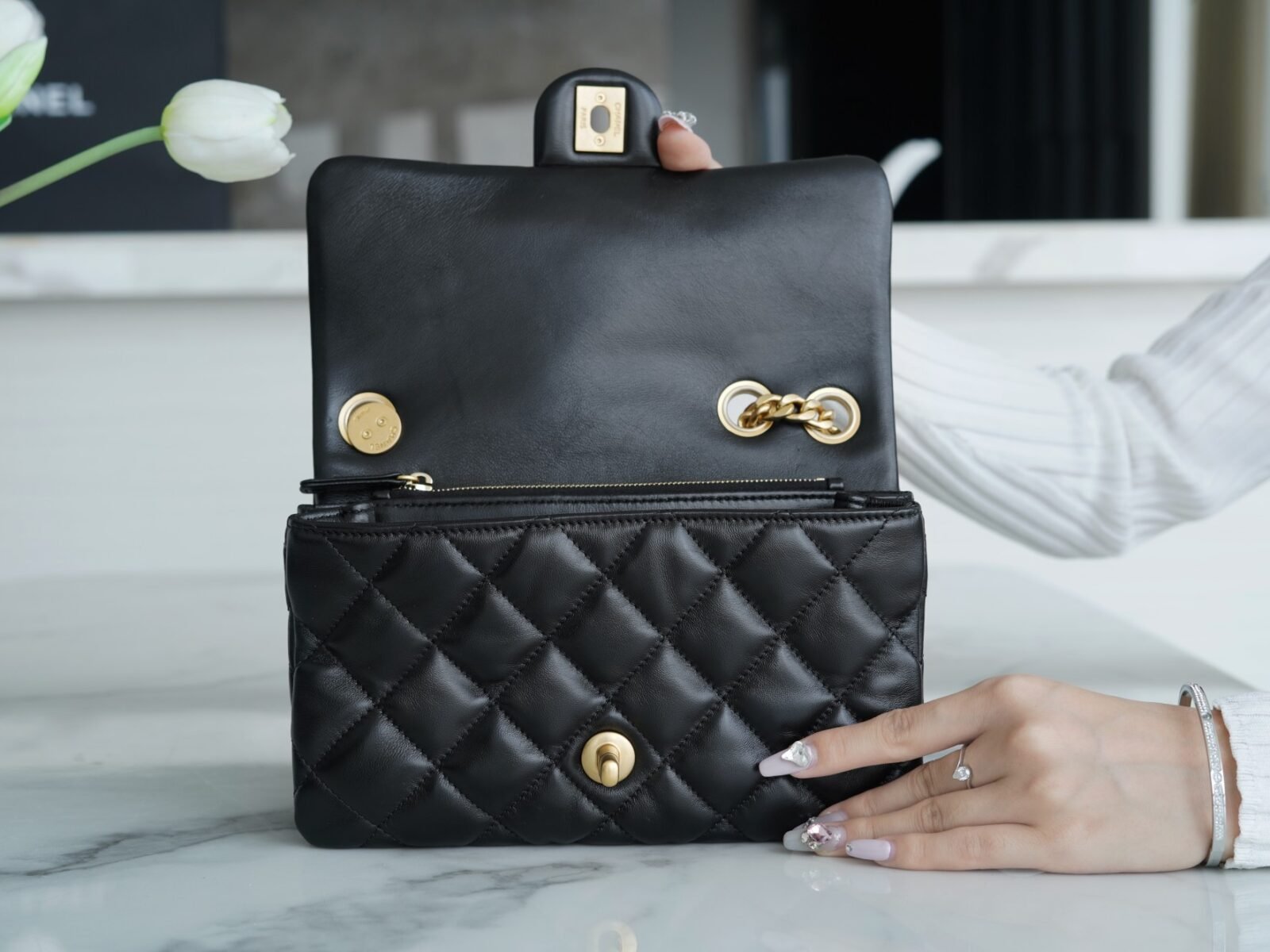CHANEL 22K Special Edition Adjustable Gold Ball Flap Bag 22cm with Embossed CC Logo and Vintage Gold Hardware 11