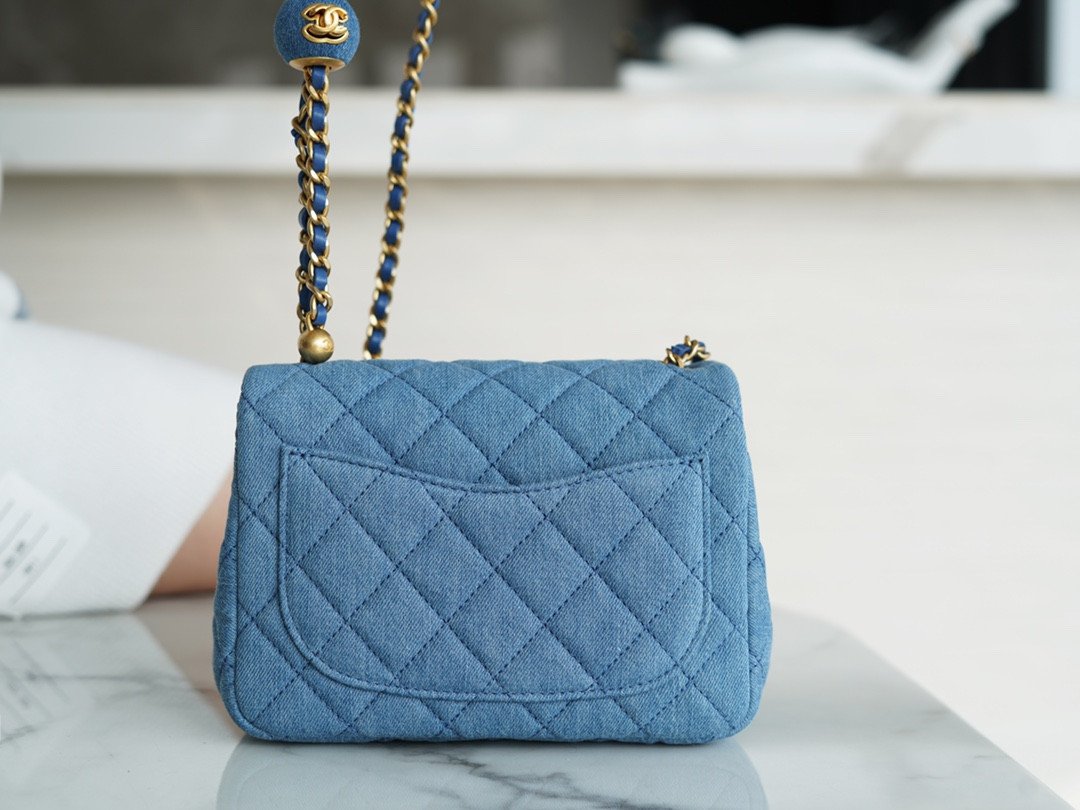 CHANEL 22C Quilted Denim Classic Flap Bag with Universal Adjustable Gold Ball Two Compact Sizes 12