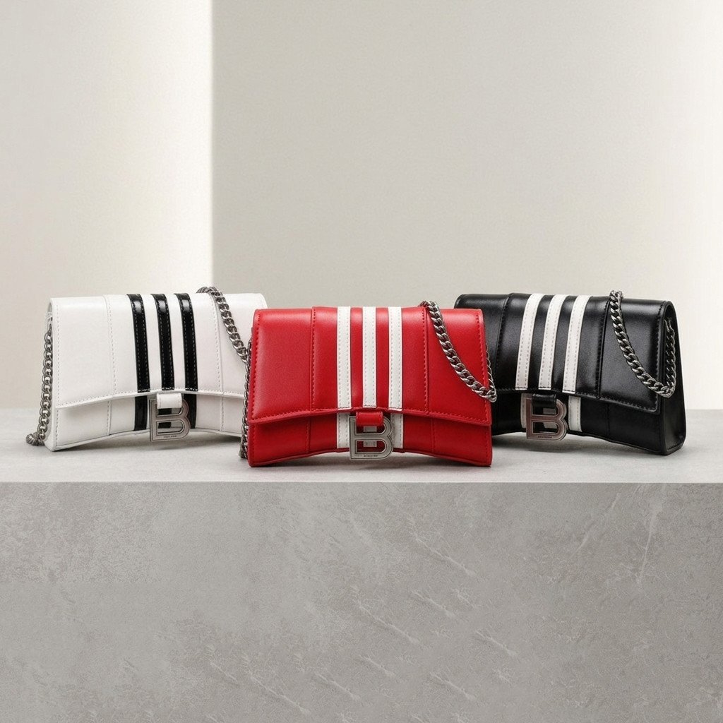 Balenciaga x Adidas Collaboration Hourglass Small Handbag 20cm 3-Stripes Calfskin Chain Crossbody Bag 12