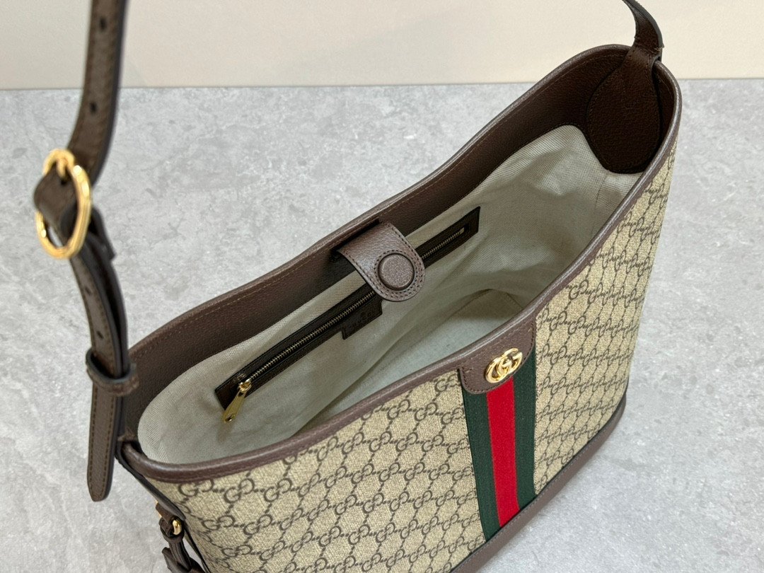 Gucci Ophidia GG Supreme Canvas Shoulder Bucket Bag Web Stripe & Double G Hardware 15