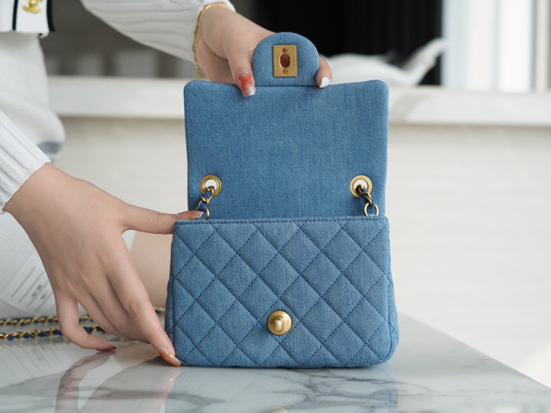 CHANEL 22C Quilted Denim Classic Flap Bag with Universal Adjustable Gold Ball Two Compact Sizes 16
