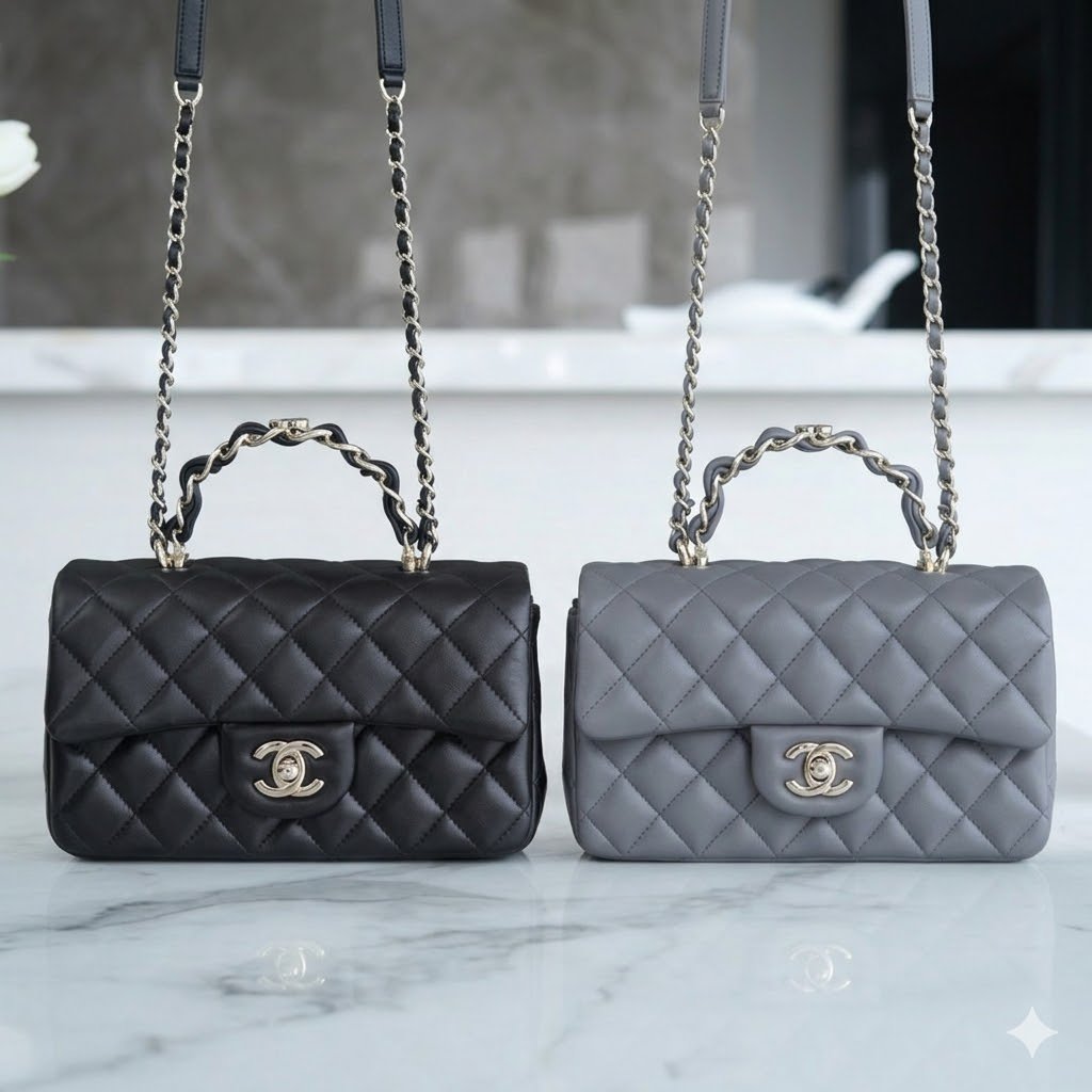 Chanel 23K Autumn/Winter Mini Classic Flap Bag 20cm The “Double C” Top Handle in Premium Quilted Leather 19