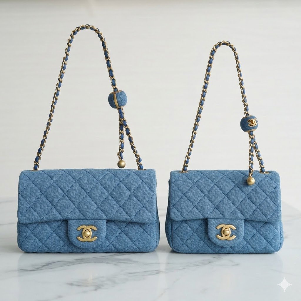 CHANEL 22C Quilted Denim Classic Flap Bag with Universal Adjustable Gold Ball Two Compact Sizes 19