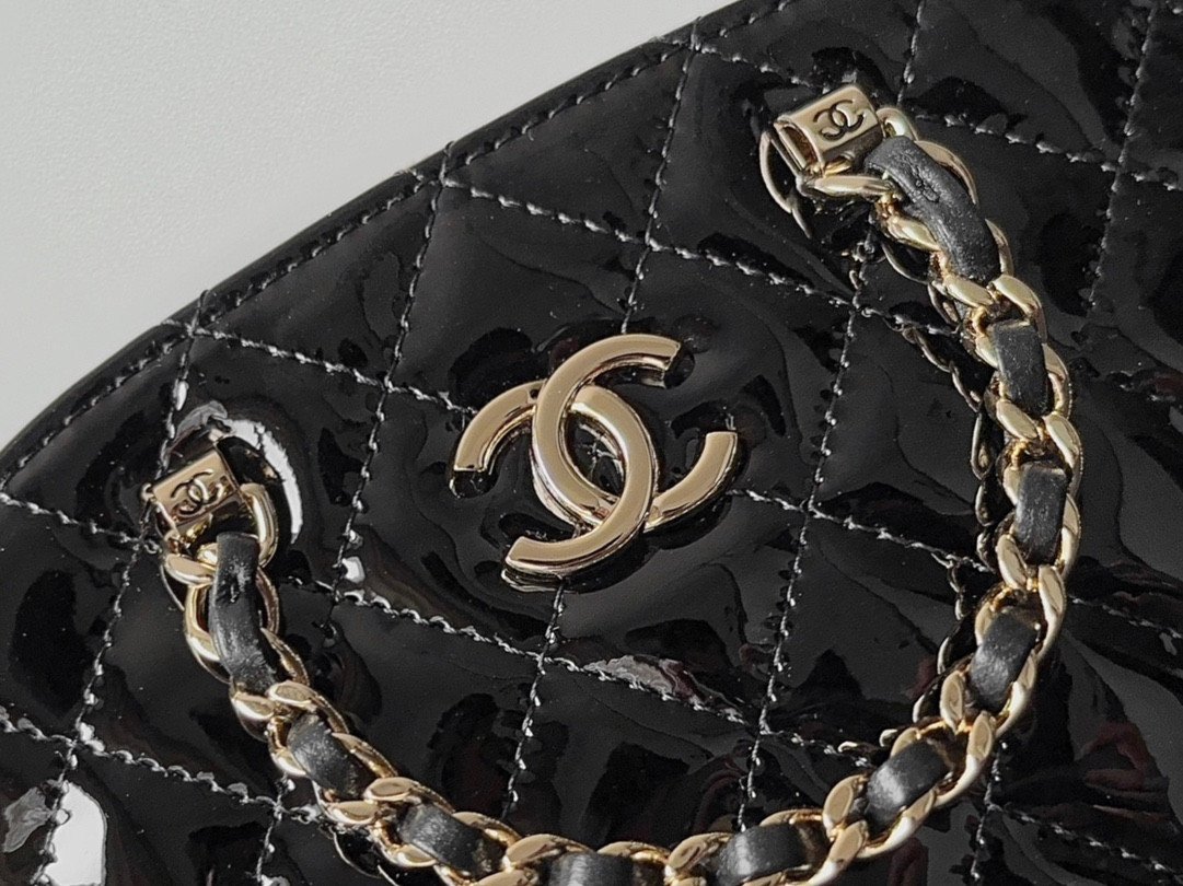 CHANEL 23S Rare Quilted Patent Leather Small Dome Shell Bag 16cm Timeless Black Gold 2