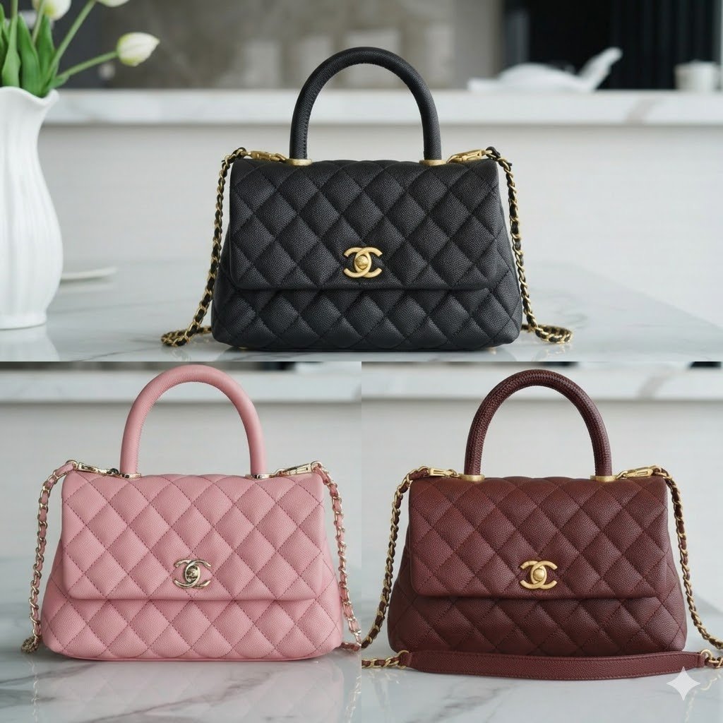 CHANEL Coco Handle Small Flap Bag 24cm in Grained Calfskin Elegant Top Handle Crossbody with Gold-Tone Hardware 26