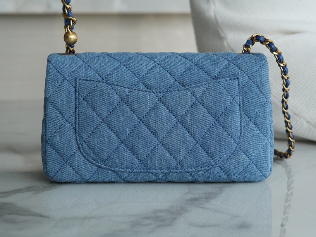 CHANEL 22C Quilted Denim Classic Flap Bag with Universal Adjustable Gold Ball Two Compact Sizes 3