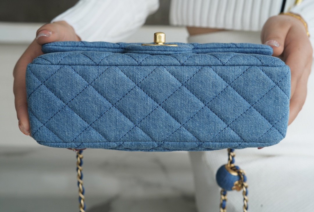 CHANEL 22C Quilted Denim Classic Flap Bag with Universal Adjustable Gold Ball Two Compact Sizes 4