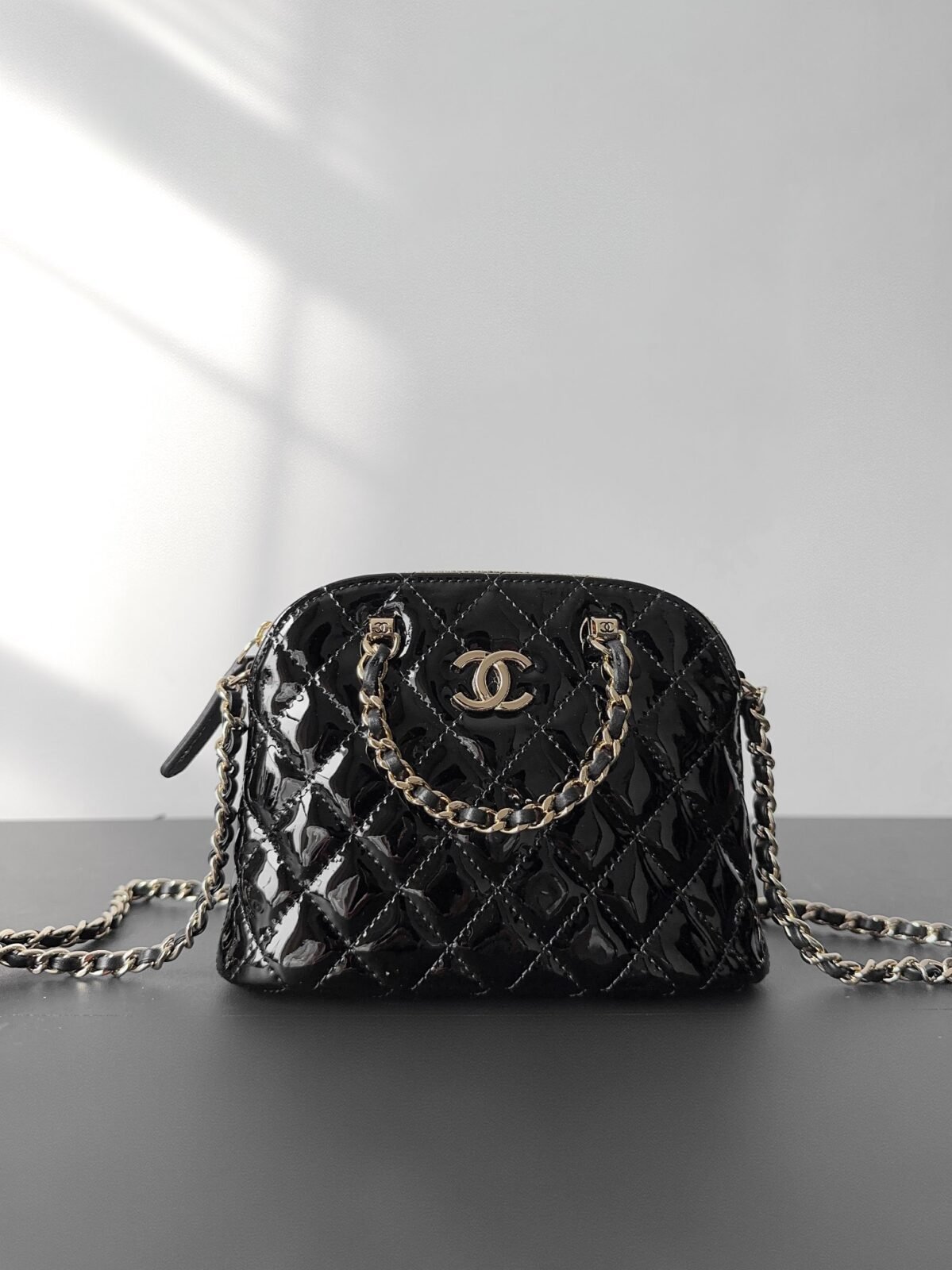 CHANEL 23S Rare Quilted Patent Leather Small Dome Shell Bag 16cm Timeless Black Gold 4