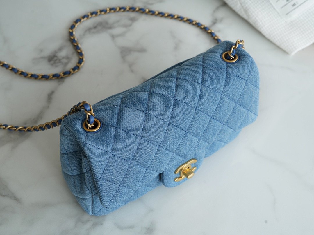 CHANEL 22C Quilted Denim Classic Flap Bag with Universal Adjustable Gold Ball Two Compact Sizes 5