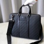 Gucci Signature Black Leather Slim Briefcase Men’s Embossed Calfskin Business Laptop Bag with Palladium-Toned Hardware